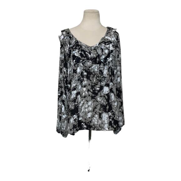 Anne Klein black abstract print ruffled neck long sleeves blouse size Large - Picture 10 of 11